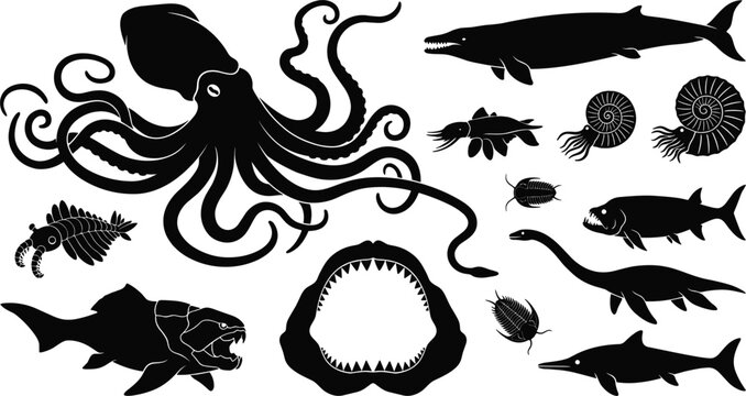 Prehistoric Marine Sea Creatures Silhouette Vector Set Featuring Megalodon Jaws Octopus Plesiosaur Ammonite Trilobite and Ancient Predatory Fish