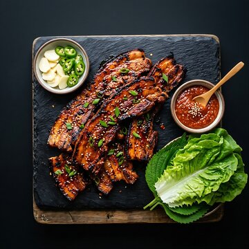 Gochujang Samgyeopsal 고추장 삼겹살 (spicy marinated pork belly) grilled to perfection with charred edges, served on a black stone slab with small side bowls of garlic slices, ssamjang dip, and lett