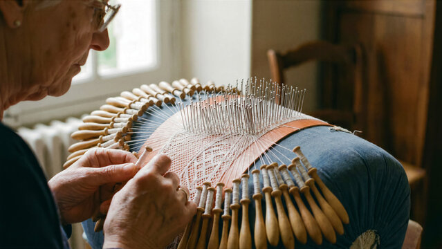 Close up of senior French lacemaker using bobbins on traditional pillow intricate white lace mesh