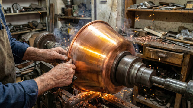 Greek coppersmith spinning copper pan on lathe rustic Athens workshop gold metal curls close up