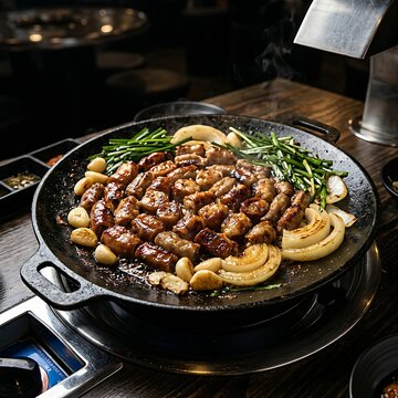 A large cast-iron griddle showcasing Gopchang (grilled pork or beef intestines) sizzling alongside whole garlic cloves, onions, and chives, with a glossy, charred surface, dark commercial food photogr