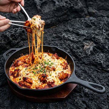 A modern presentation of Cheese Buldak (fire chicken with cheese) in a black cast-iron pan, chunks of spicy chicken heavily coated in melted, stretchy mozzarella cheese stretching upward, black volcan