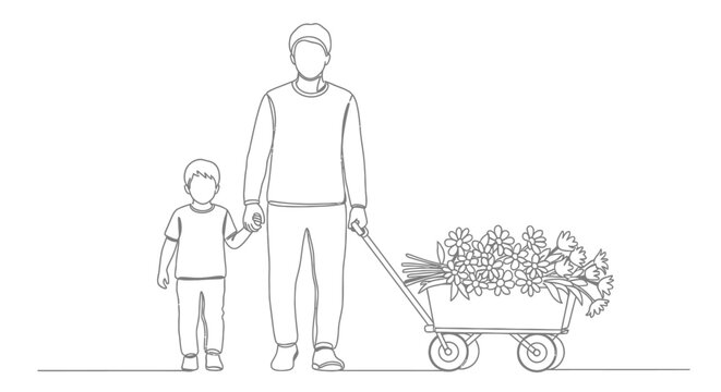 Father and child pulling a cart of flowers.
