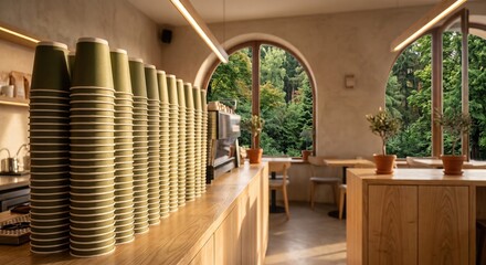 Fototapeta premium Stacks of eco-friendly green paper coffee cups on a wooden counter in a cozy cafe interior with large arched windows showing a beautiful green forest outside.