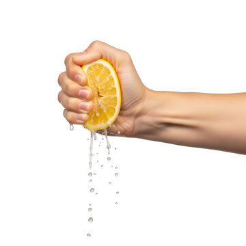 Close up shot of human hand squeezing fresh yellow lemon slice on isolated base.