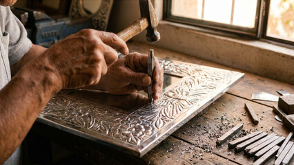 Obraz premium Mexican tinsmith hand punching decorative mirror frame steel stamp San Miguel workshop photo