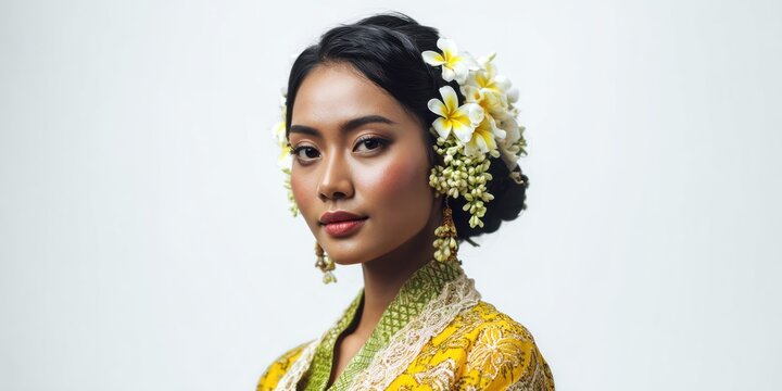 Woman with floral hairpiece and ornate clothing against a simple background