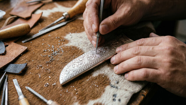 Argentine silversmith hand engraving traditional facon knife silver sheath graver tool close up