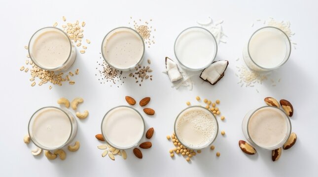 Assortment of delicious plant-based milks including almond, soy, oat, and coconut, surrounded by their natural ingredients