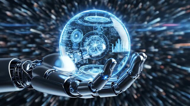 Robotic Hand Holding Glowing Digital Sphere - A close-up of a sleek, metallic robotic hand delicately cradling a luminous, transparent sphere filled with intricate digital patterns and light.