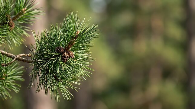 Green pine tree branch with small cones in forest sunlight