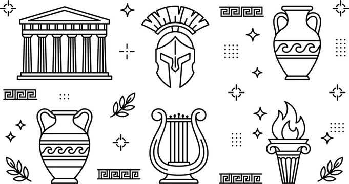 Minimalist ancient Greek culture icon set featuring line art illustrations of temple spartan helmet amphora vase lyre and torch