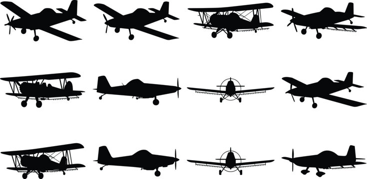 Agricultural Airplane Silhouette Collection with Crop Duster Aircraft and Aviation Vector Set