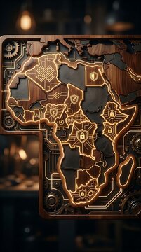 Futuristic wooden map of africa with glowing golden circuits and locks
