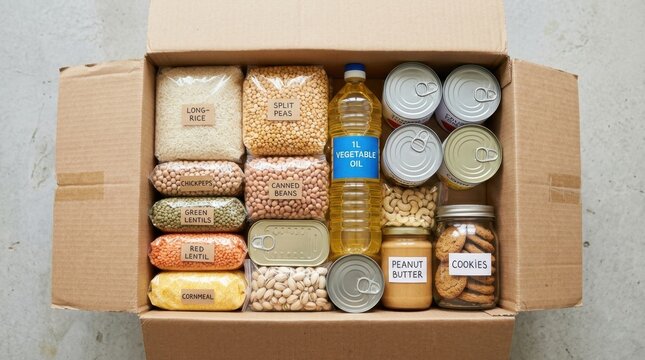 Overhead view of an open cardboard box filled with various non-perishable food items and pantry staples