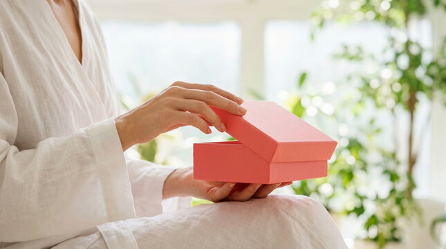Gift box being carefully opened by hands in bright, airy indoor setting, symbolizing surprise, joy, and special occasions.