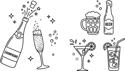 Minimalist alcoholic drinks icon set featuring line art illustrations of champagne popping bottle beer mug martini cocktail glass © S O H A G