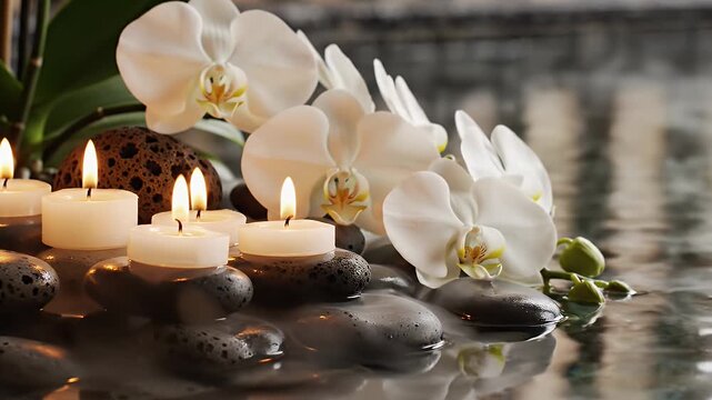 White Orchid and Candles on Spa Stones - A serene arrangement featuring white orchids, lit tea light candles, and smooth spa stones floating in water.