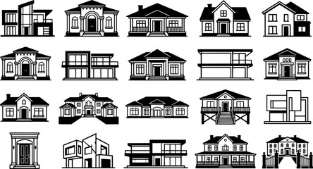 Fototapeta premium House and Building Vector Icon Set, Black and White Real Estate Architecture Collection Isolated on White Background