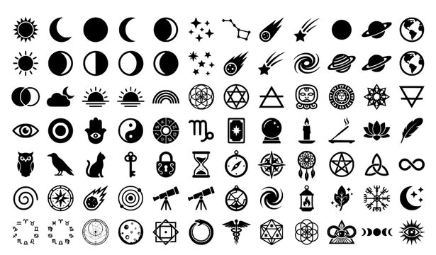 Celestial and Mystical Black Glyph Icons Set of 60 Flat Vector Collection with Moon Stars Zodiac Magic and Cosmic Symbols