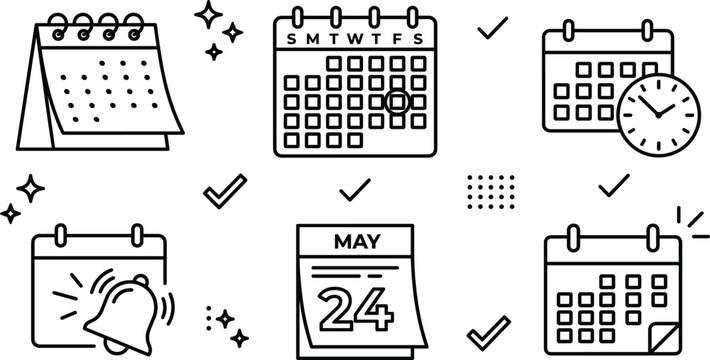 Minimalist calendar and schedule planner icon set featuring line art illustrations of time management reminder and agenda symbols