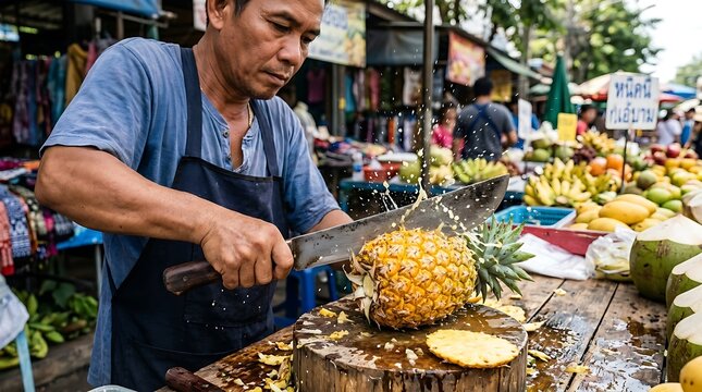 Man cutting pineapple with machete at outdoor fruit market stall
