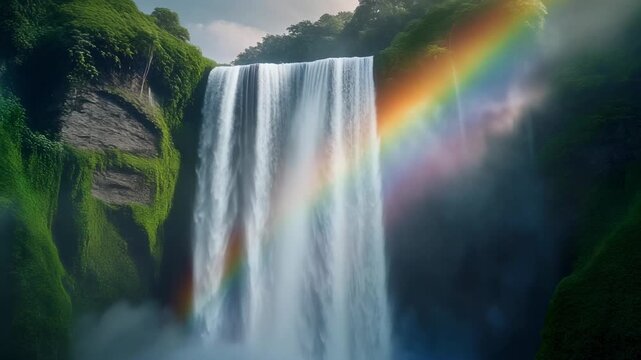 Majestic Waterfall and Vibrant Rainbow in Jungle 4K Generative AI