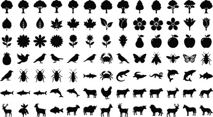 Fototapeta premium Collection of black silhouette of nature, animals, and on white background, trees leaves