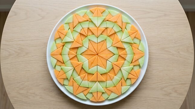 Vibrant orange and green star-shaped fruit slices arranged on a white plate atop a wooden table