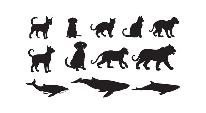 Set of animal silhouettes featuring pets wildlife and aquatic creatures isolated on white background vector art.