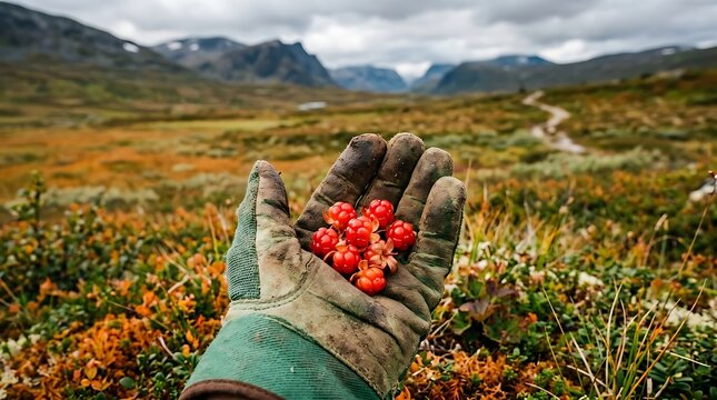 Hand holding red cloudberries in a field with mountains