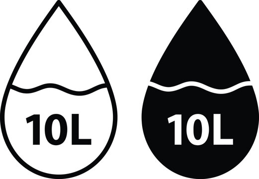 Water droplet icon with 10L text representing liquid volume measurement