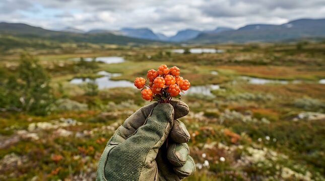 A gloved hand holds a bunch of vibrant orange gooseberries in a vast natural landscape with mountains and water bodies.