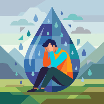 A poignant and colorful representation of a person sitting in a water droplet, symbolizing feelings of sadness and vulnerability against a tranquil nature backdrop.