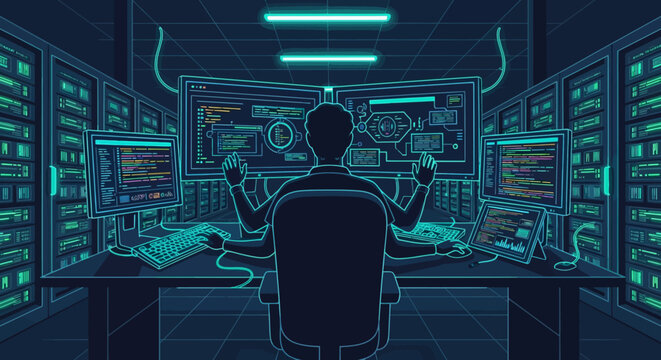 Cybersecurity expert monitoring multiple computer screens in a server room.