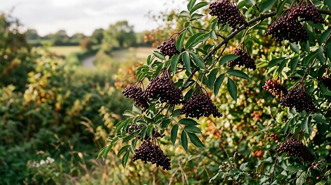 Elderberries grow on a lush green branch in a scenic natural landscape with trees and bushes under a cloudy sky outdoors.