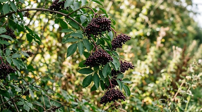 Dark red elderberries hang on a branch with green leaves outdoors