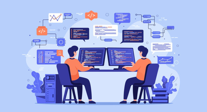 Two programmers working together on computers in an office setting.