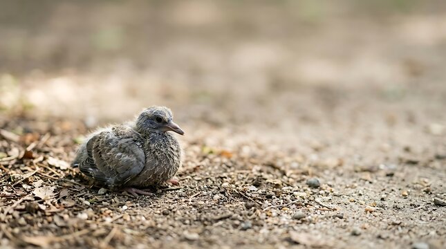Baby pigeon sitting on the ground in a park