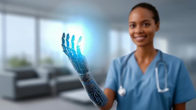 Smiling nurse with high tech robotic prosthetic arm stands in bright medical facility, symbolizing integration AI, robotics in modern medicine. Scene emphasizes progress, inclusivity