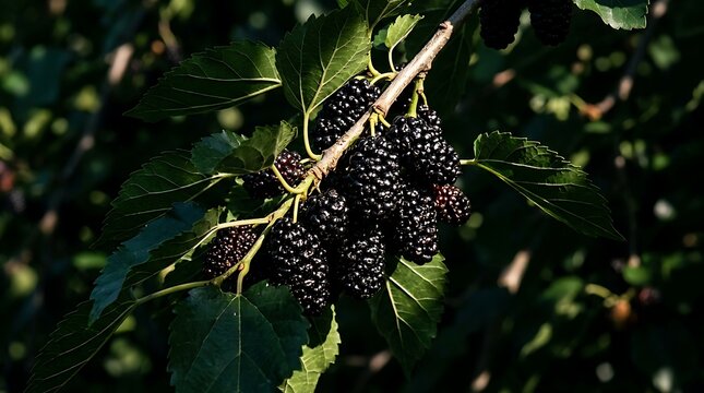 Fresh black mulberries hang from a leafy branch in a natural setting.