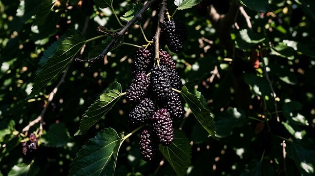 Fresh black mulberries hang on a leafy branch in a natural setting