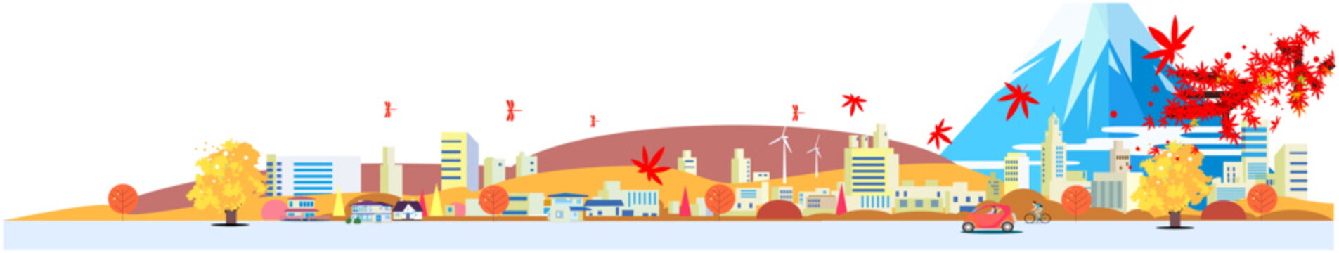 富士山と紅葉の街並みイラスト背景（コピースペース・ベクターデータ）