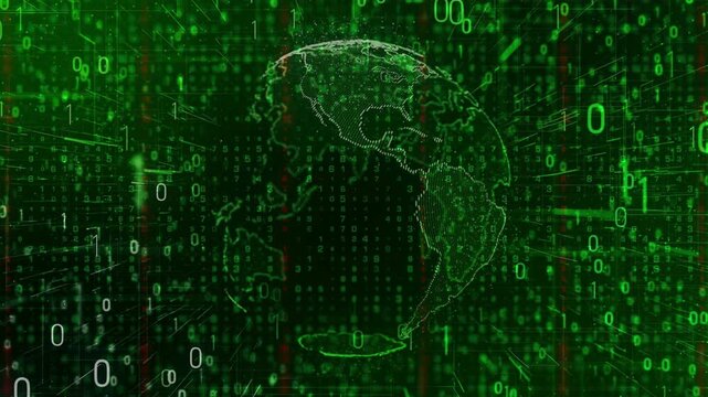 Digital green globe matrix background with binary code lines. Concept of global network communication, cyber security, data science and internet tech.