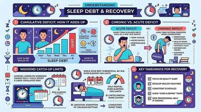 Educational infographic explaining sleep debt and recovery strategies