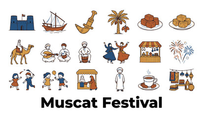 Fototapeta premium Hand Drawn Vector Icon Set for 'Muscat Festival' Featuring Omani Culture and Traditional Elements