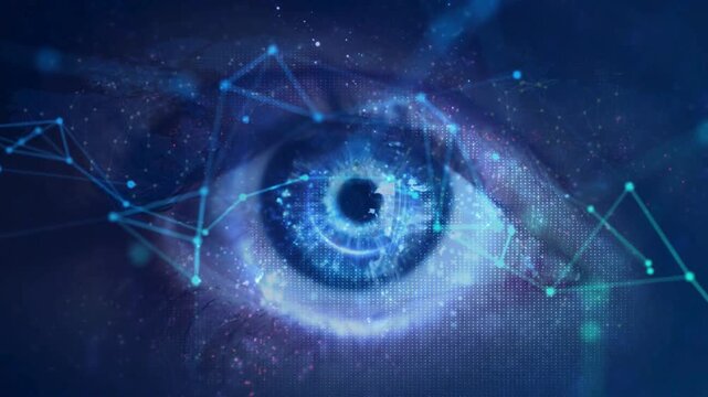 Close up view of a glowing blue human eye embedded with a digital data grid and network nodes.