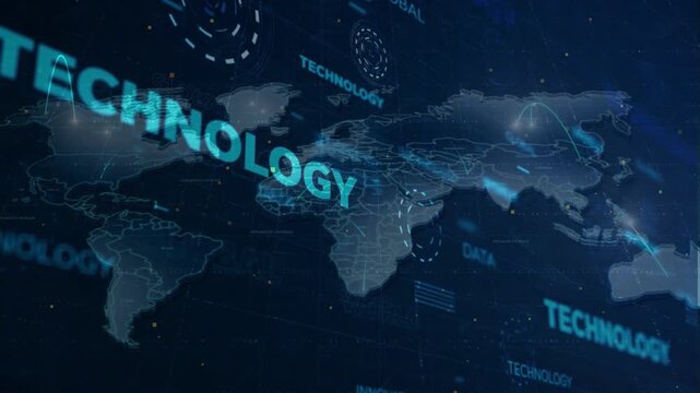 Dynamic 3D world map background with a digital hud interface and bold floating technology text.