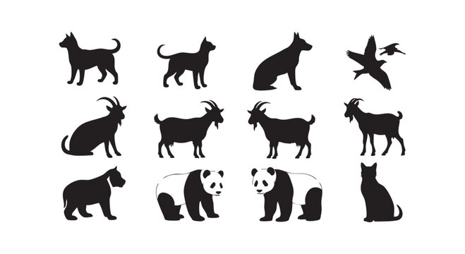 Set of black silhouettes featuring various farm and wild animals including panda dog goat cat and birds for design.