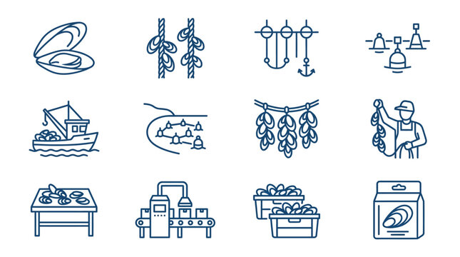 Mussel and shellfish aquaculture industry icons